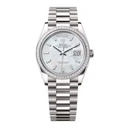 Rolex Day-Date 128399TBR-0023 White Mother-of-Pearl Set with Diamonds 36mm Dial Diamond Set Bezel White Gold President Bracelet Watch