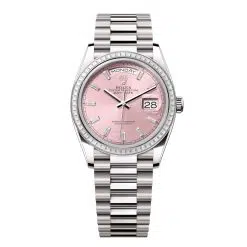 Rolex Day-Date 128399TBR-0029 Pink Set with Diamonds 36mm Dial Diamond Set Bezel White Gold President Bracelet Watch