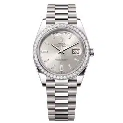 Rolex Day-Date 228349RBR-0001 Silver Set with Diamonds 40mm Dial Diamond Set Bezel White Gold President Bracelet Watch