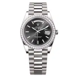 Rolex Day-Date 228349RBR-0002 Bright Black 40mm Dial Diamond Set Bezel White Gold President Bracelet Watch