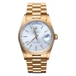 Rolex Day-Date 36mm 18238 Silver Stick Dial 18k Yellow Gold Watch