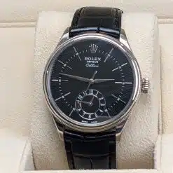 Alternative view of Rolex Cellini 50529 Black Dial Leather Strap Dual Time 39mm Watch