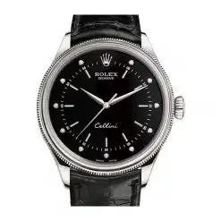 Rolex Cellini 50509 Black Diamond Dial Leather Strap Time 39mm Watch