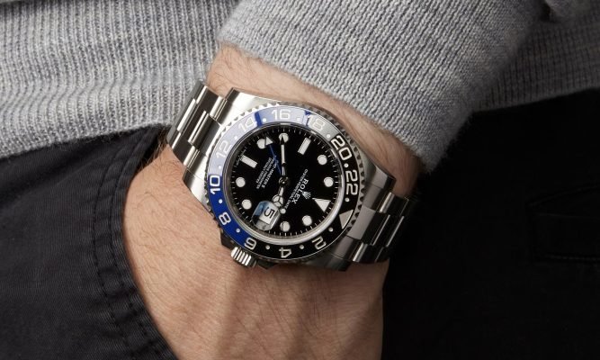 Detailed close-up of the Rolex Batman GMT-Master II bezel and dial
