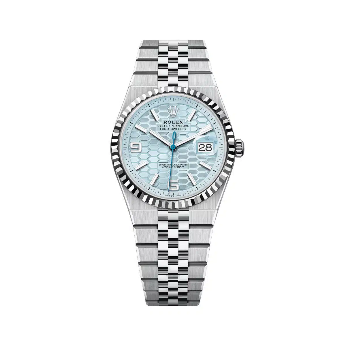 Rolex Land-Dweller 127236-0001 Blue Honeycomb Dial Platinum Jubilee Bracelet