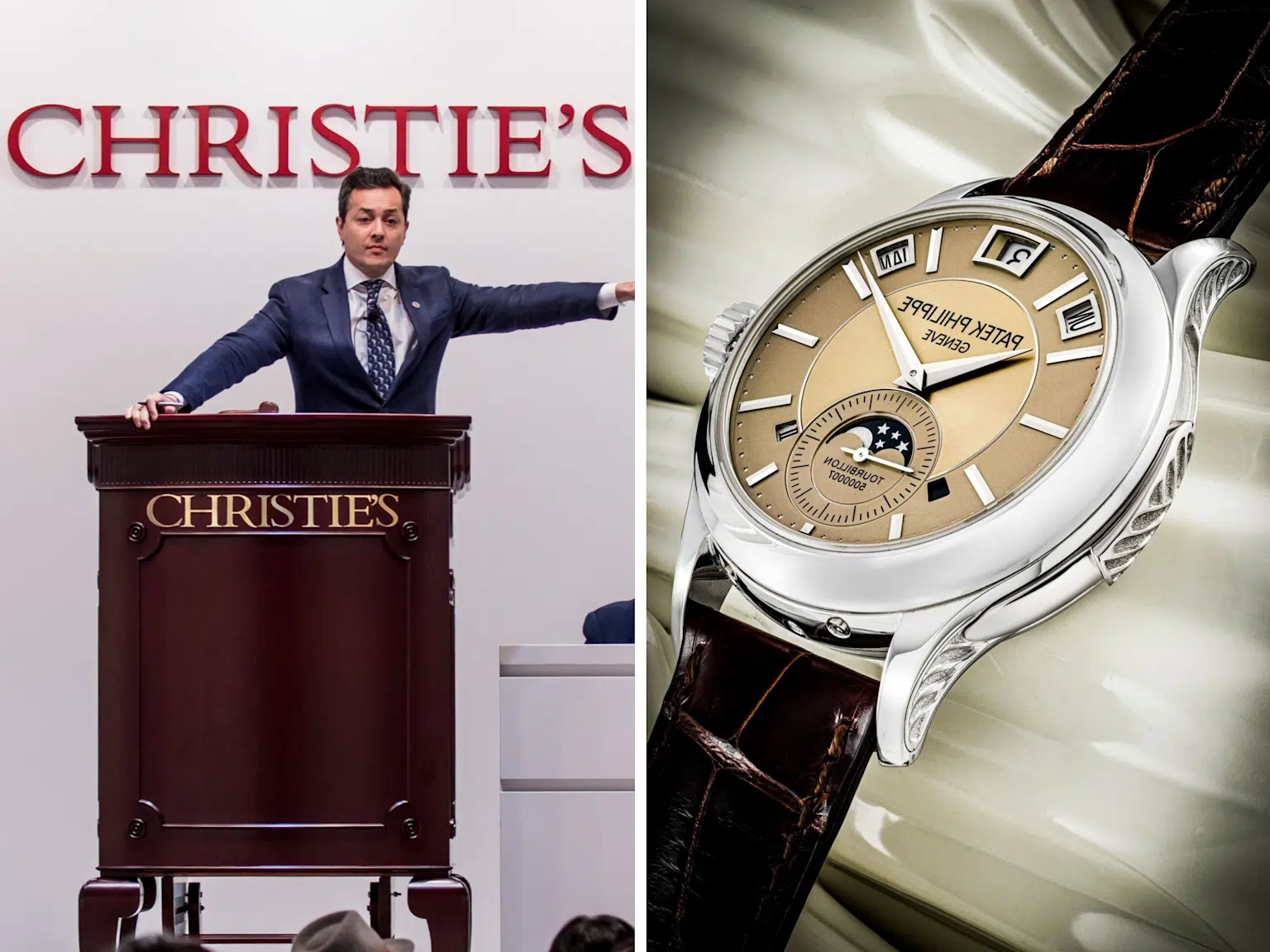 An auctioneer at Christie's conducts a luxury watch auction alongside a close-up of a Patek Philippe watch, illustrating the role of auctions in the high-end watch secondary market