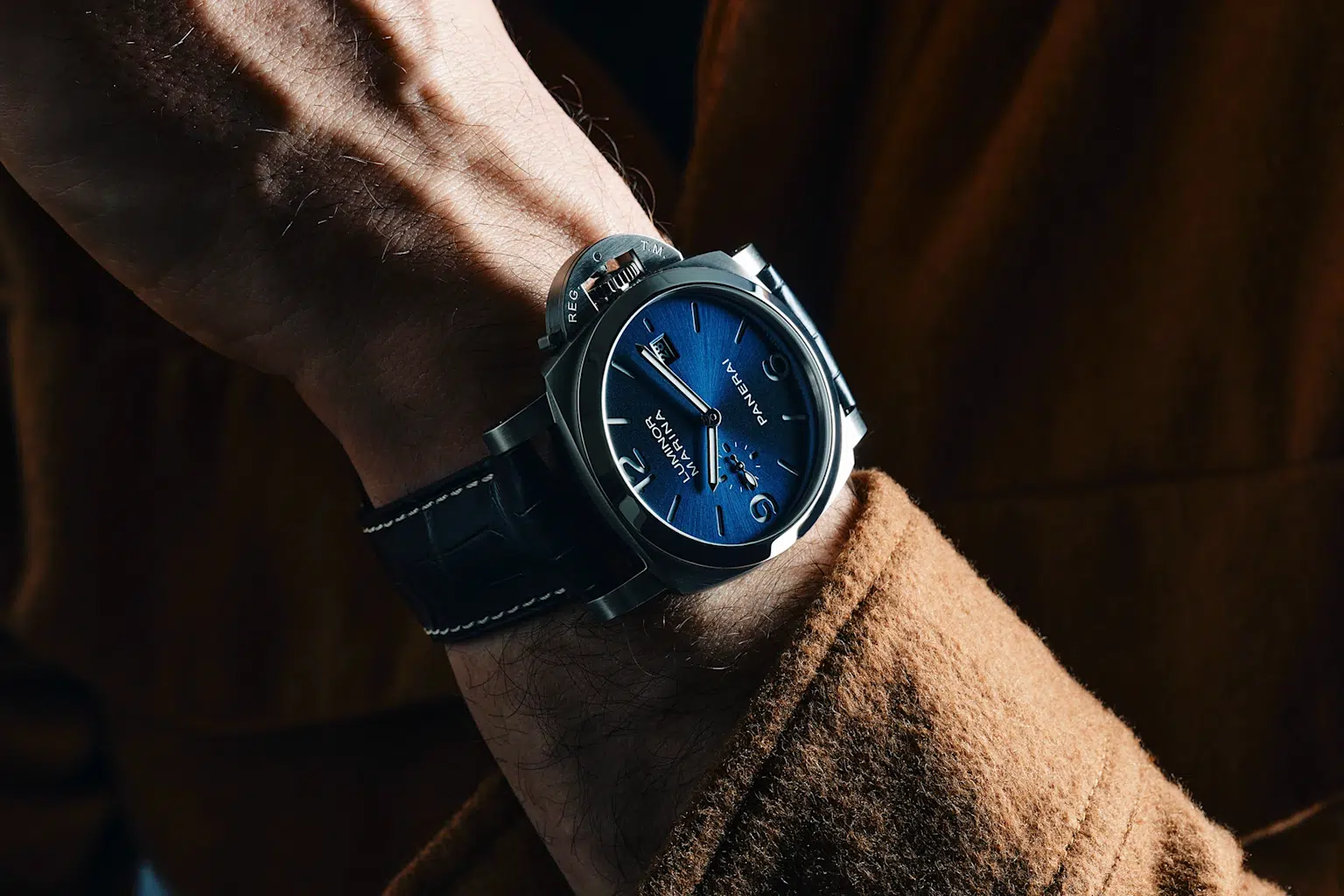 Close-up of a Panerai Luminor Marina wristwatch showcasing its signature design and craftsmanship