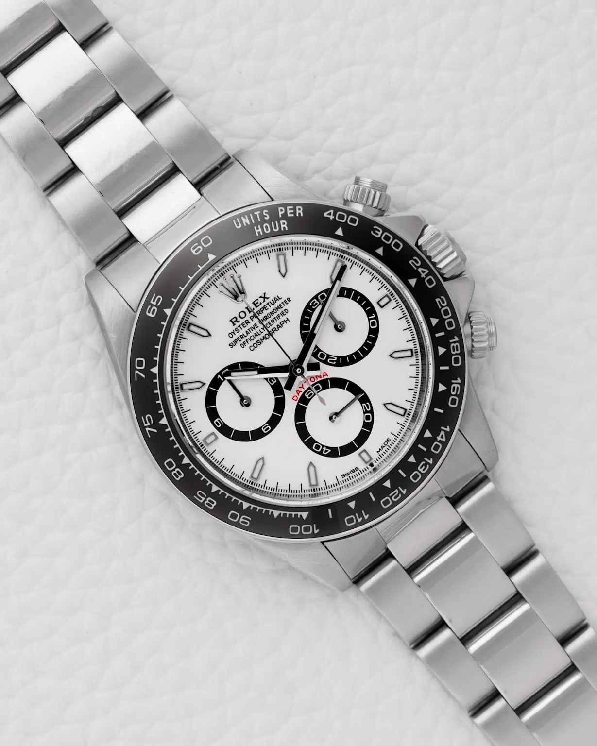 Close-up of the modern Rolex Daytona 126500LN with a white dial and ceramic bezel, highlighting its racing chronograph features