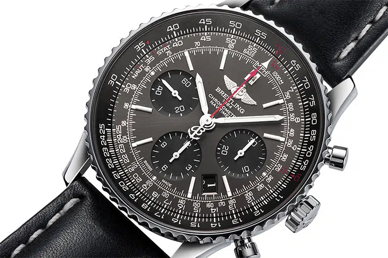 Close-up of a Breitling Navitimer chronograph showcasing its signature slide rule bezel and detailed dial layout