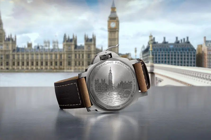 Close-up of the Panerai Luminor Marina London special edition caseback featuring detailed engraving of Big Ben and the Houses of Parliament