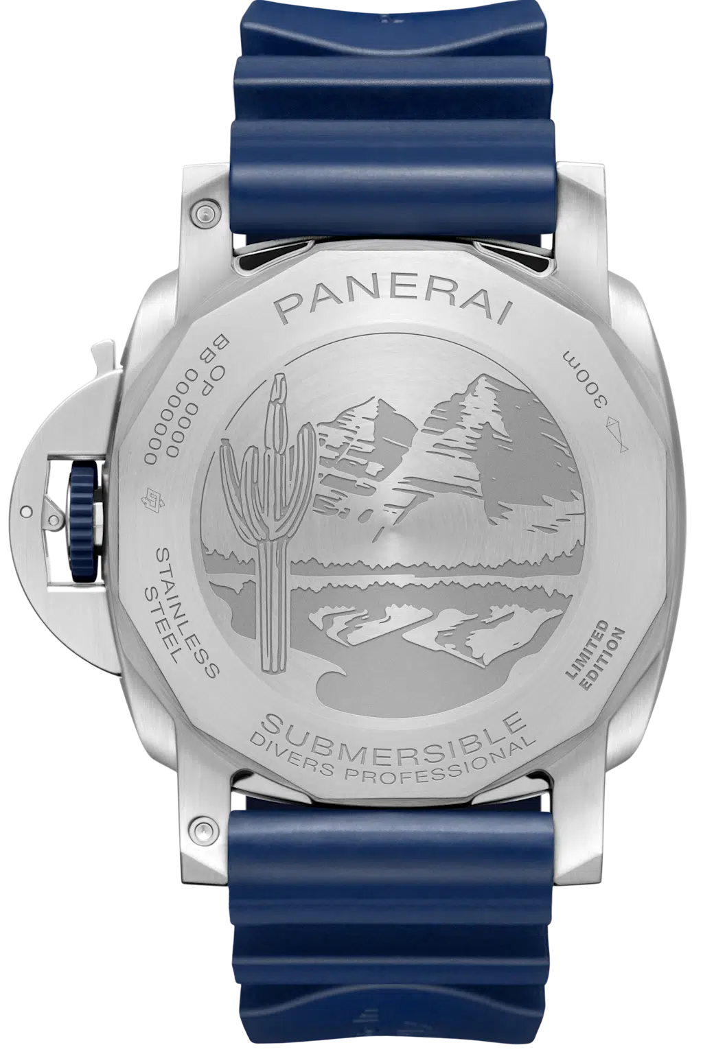 Limited edition Panerai Submersible case back engraved with a desert scene and cactus, emphasizing its unique collectible status