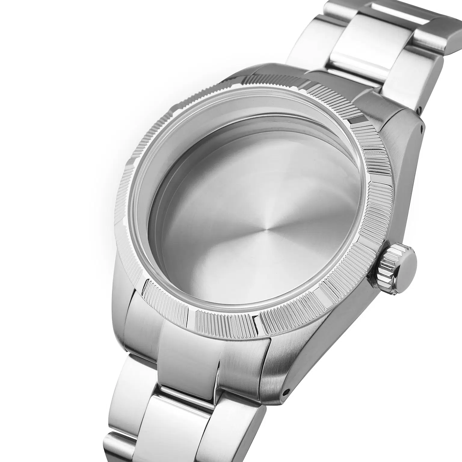 Close-up of a steel watch bezel with a brushed finish showcasing detailed engraving and design