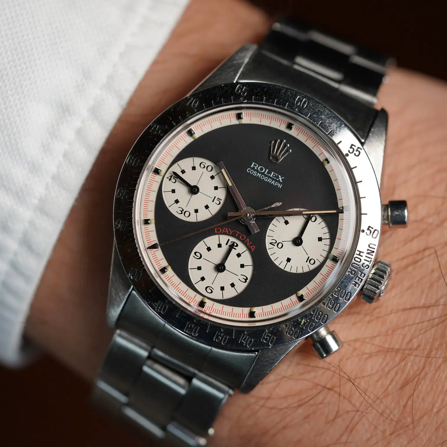 Vintage Rolex Daytona 6239 with Paul Newman dial, showcasing its iconic racing-inspired chronograph design