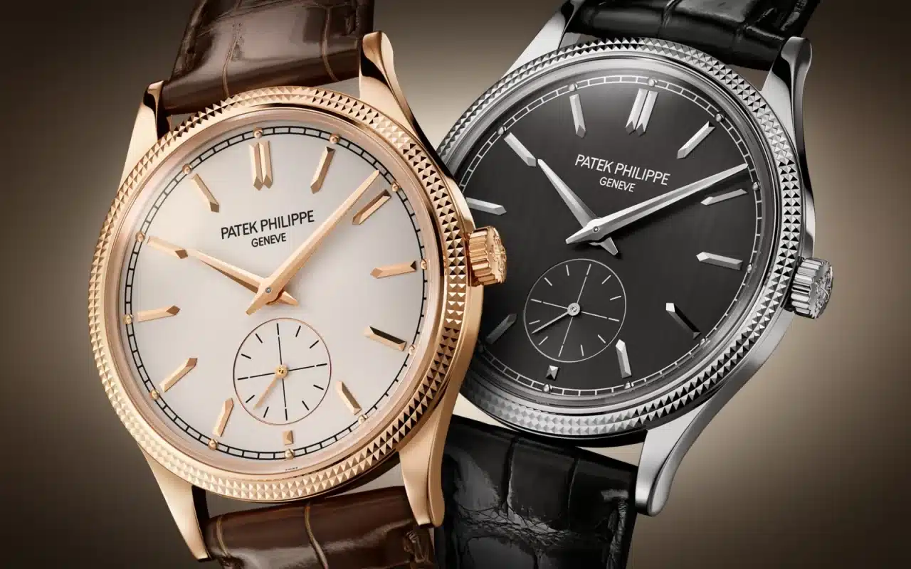 Patek Philippe Calatrava watches in rose gold and white gold with leather straps and minimalist dial design