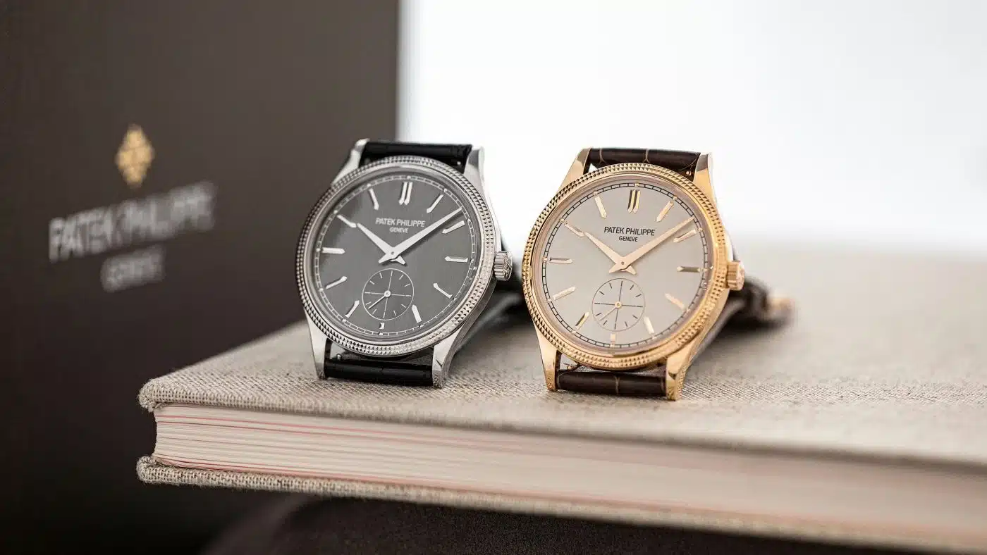 Patek Philippe Calatrava dress watches in white gold and rose gold with leather straps, minimalist dial design, and luxury Swiss craftsmanship